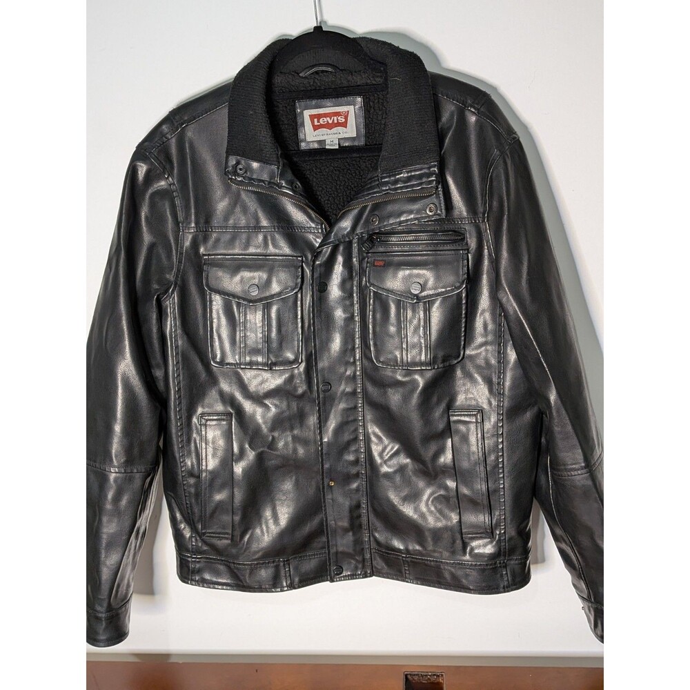Levi's Men’s M Black Faux Leather Sherpa Lined Jacket Coat Trucker Bomber Biker